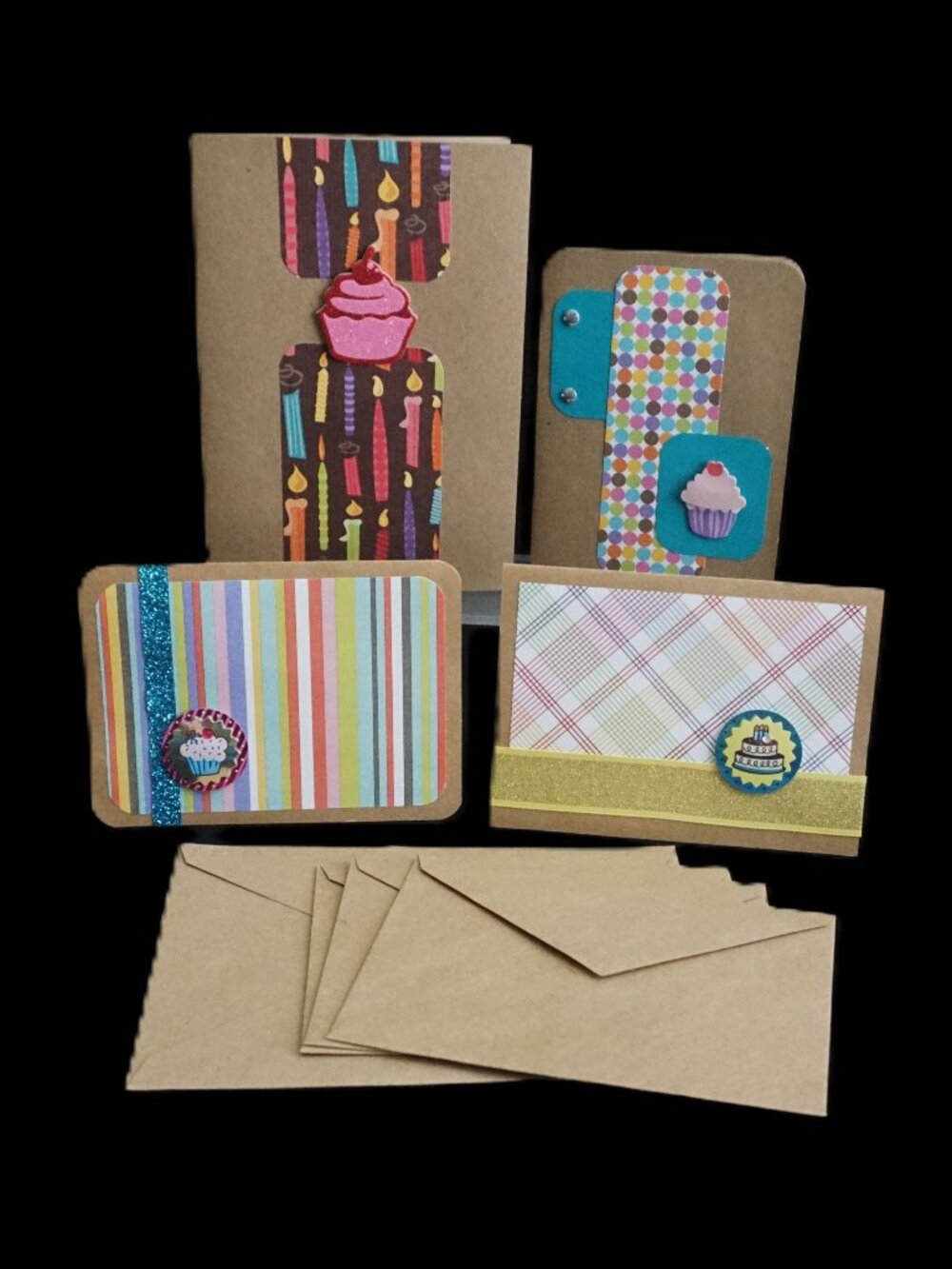 Set of 4 Kraft Birthday Handmade Greeting Note Cards Cake Time Embellished